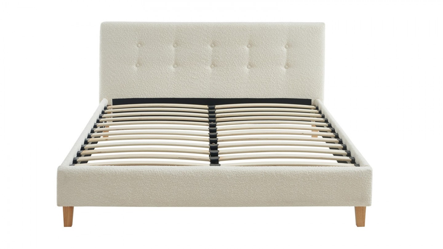 Ensemble lit 140x190 en tissu bouclé écru Milo + Matelas Hybride à ressorts ensachés et mémoire de forme - Spring Elite