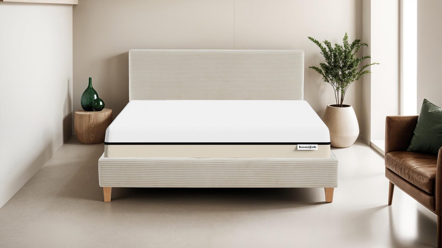 Ensemble lit 140x190 en velours côtelé beige Milo + Matelas Hybride à ressorts ensachés et mémoire de forme - Spring Elite