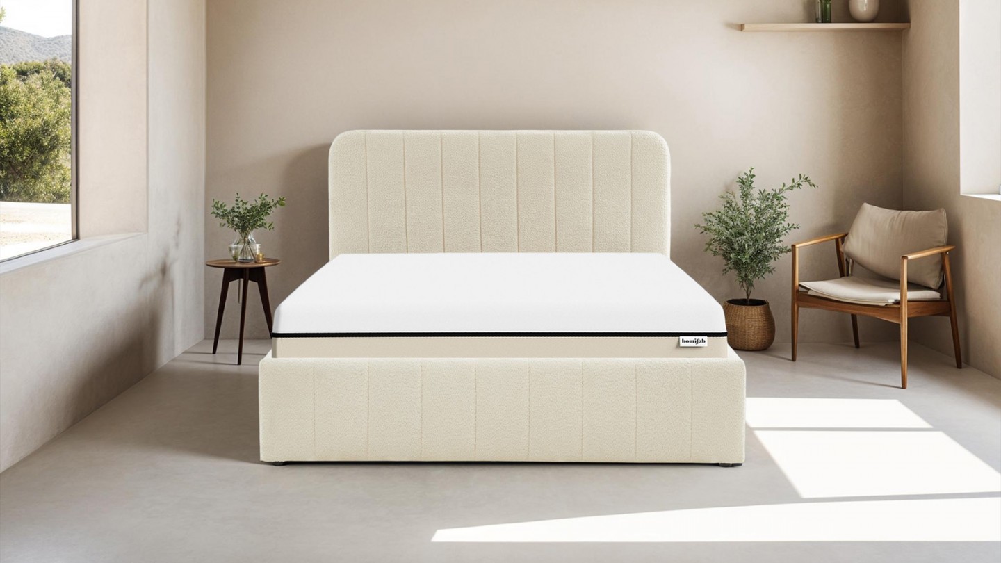 Ensemble lit coffre 160x200 en tissu bouclé écru Ava + Matelas Hybride à ressorts ensachés et mémoire de forme - Spring Elite