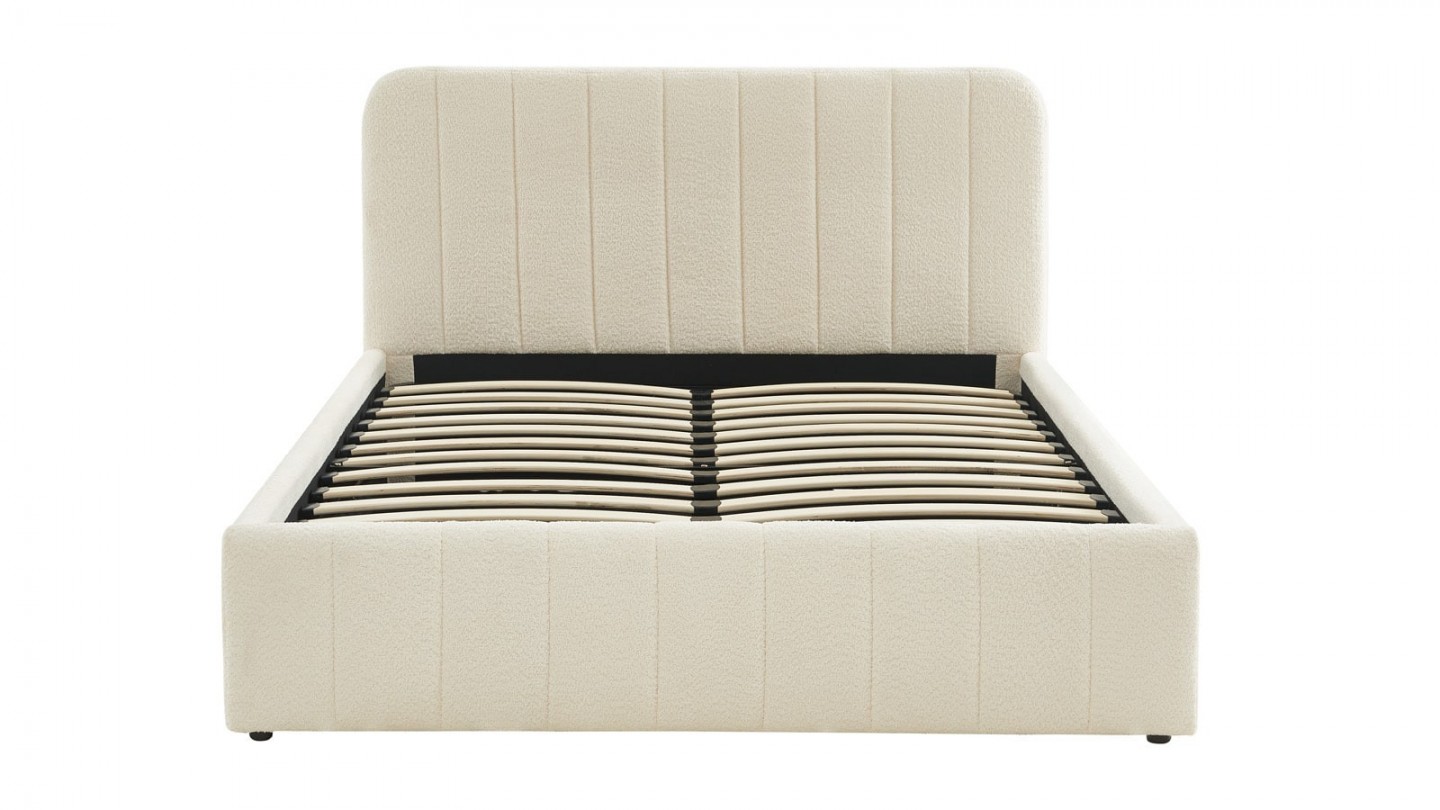 Ensemble lit coffre 160x200 en tissu bouclé écru Ava + Matelas Hybride à ressorts ensachés et mémoire de forme - Spring Elite