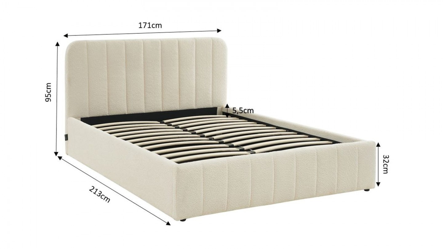 Ensemble lit coffre 160x200 en tissu bouclé écru Ava + Matelas Hybride à ressorts ensachés et mémoire de forme - Spring Elite