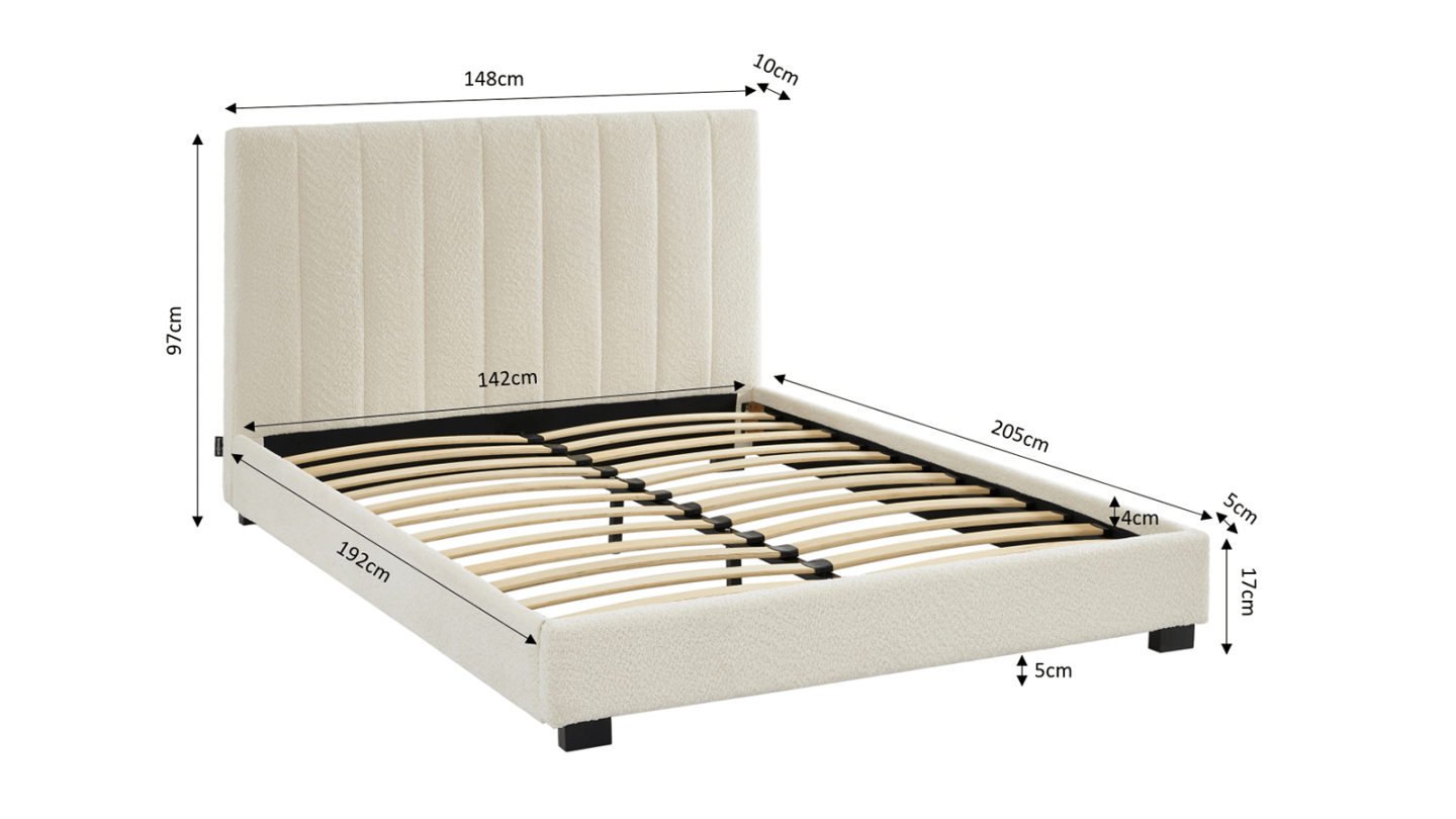 Ensemble lit 160x200 en tissu bouclé écru William + Matelas Hybride à ressorts ensachés et mémoire de forme - Spring Elite