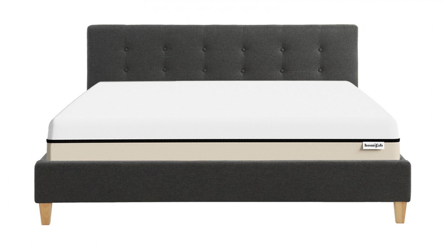 Ensemble lit 160x200 en tissu gris foncé Milo + Matelas Hybride à ressorts ensachés et mémoire de forme - Spring Elite