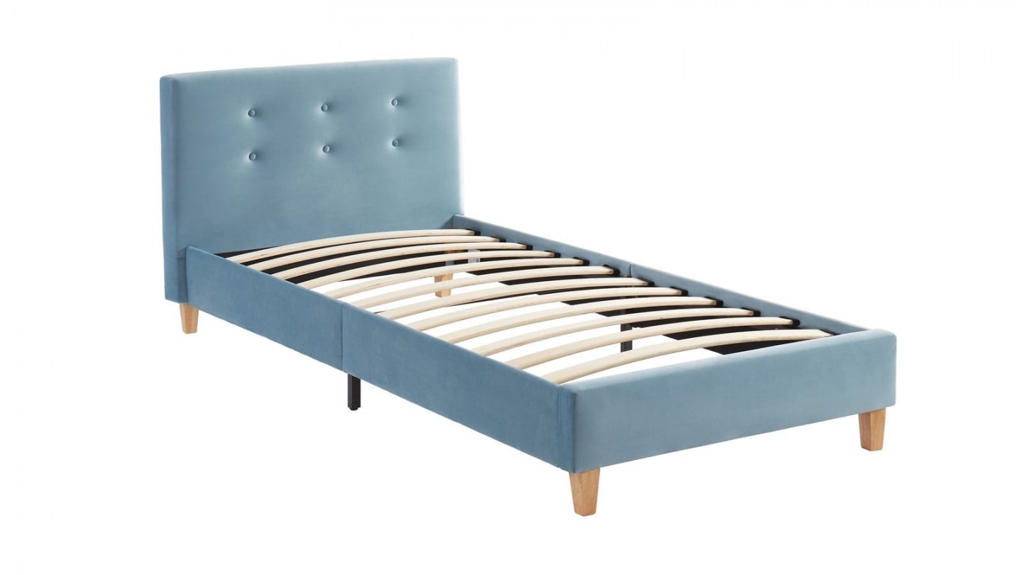 Ensemble lit 90x190 en velours bleu Milo + Matelas mousse gel à mémoire de forme, double confort - Dual Confort