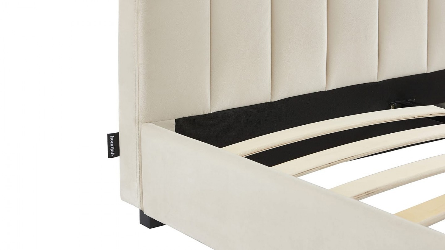 Ensemble lit 140x190 en velours beige William + Matelas mousse gel à mémoire de forme, double confort - Dual Confort