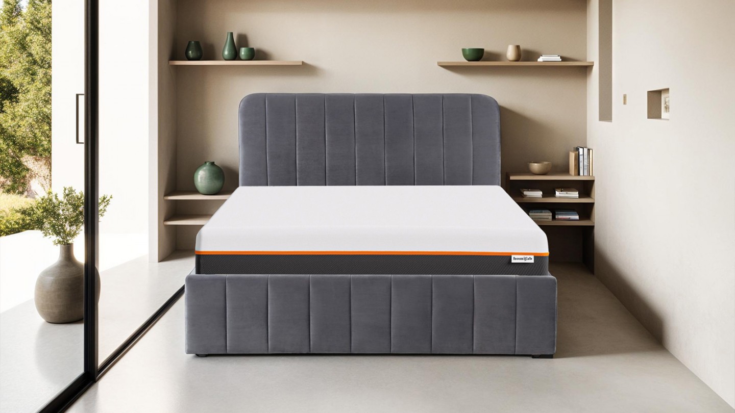 Ensemble lit coffre 140x190 en velours gris anthracite Ava + Matelas mousse gel mémoire de forme, double confort - Dual Confort