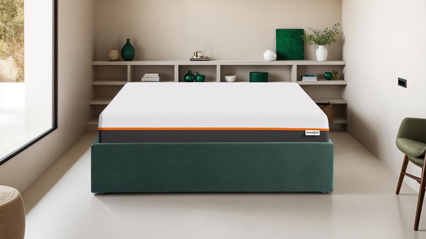 Ensemble lit coffre 140x190 en velours vert Handy + Matelas mousse gel à mémoire de forme, double confort - Dual Confort