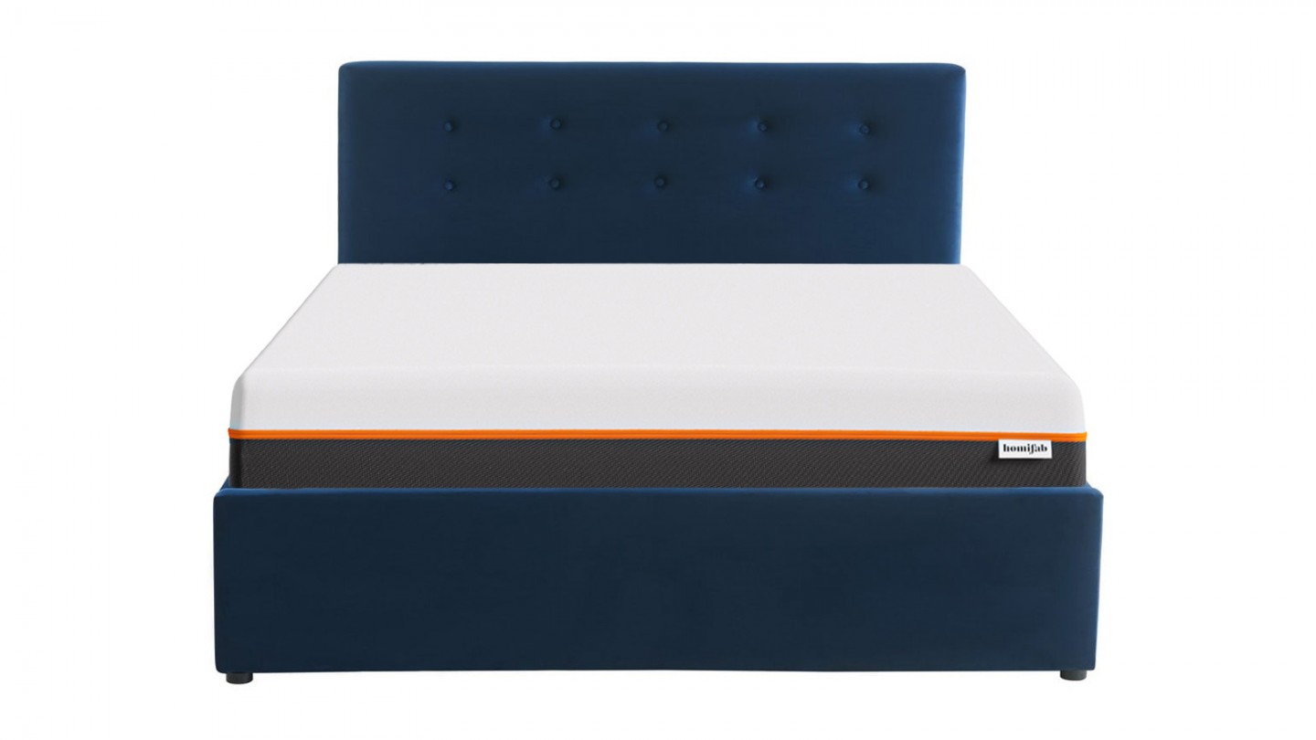 Ensemble lit coffre 140x190 en velours bleu foncé Tina + Matelas mousse gel à mémoire de forme, double confort - Dual Confort