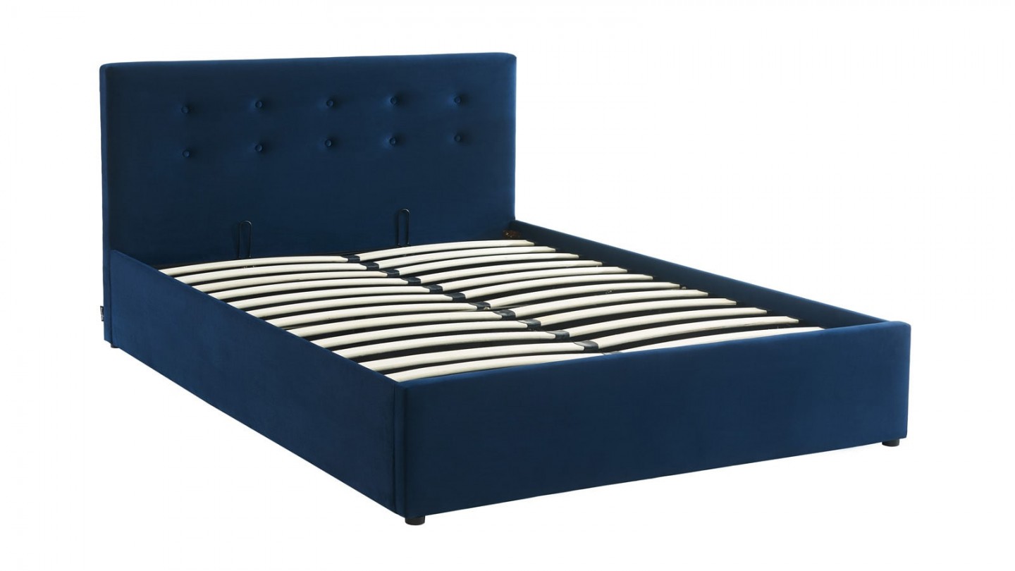 Ensemble lit coffre 140x190 en velours bleu foncé Tina + Matelas mousse gel à mémoire de forme, double confort - Dual Confort