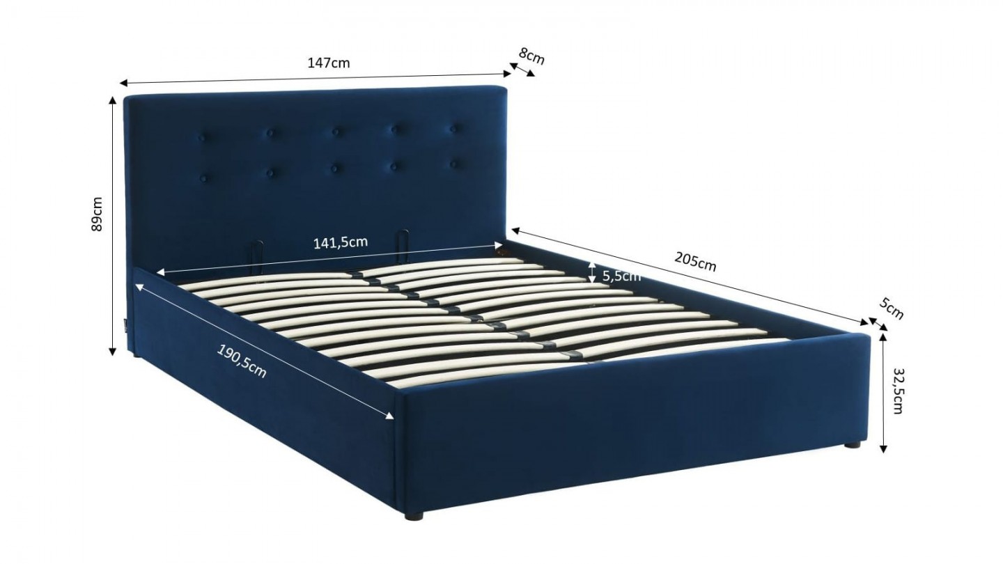 Ensemble lit coffre 140x190 en velours bleu foncé Tina + Matelas mousse gel à mémoire de forme, double confort - Dual Confort