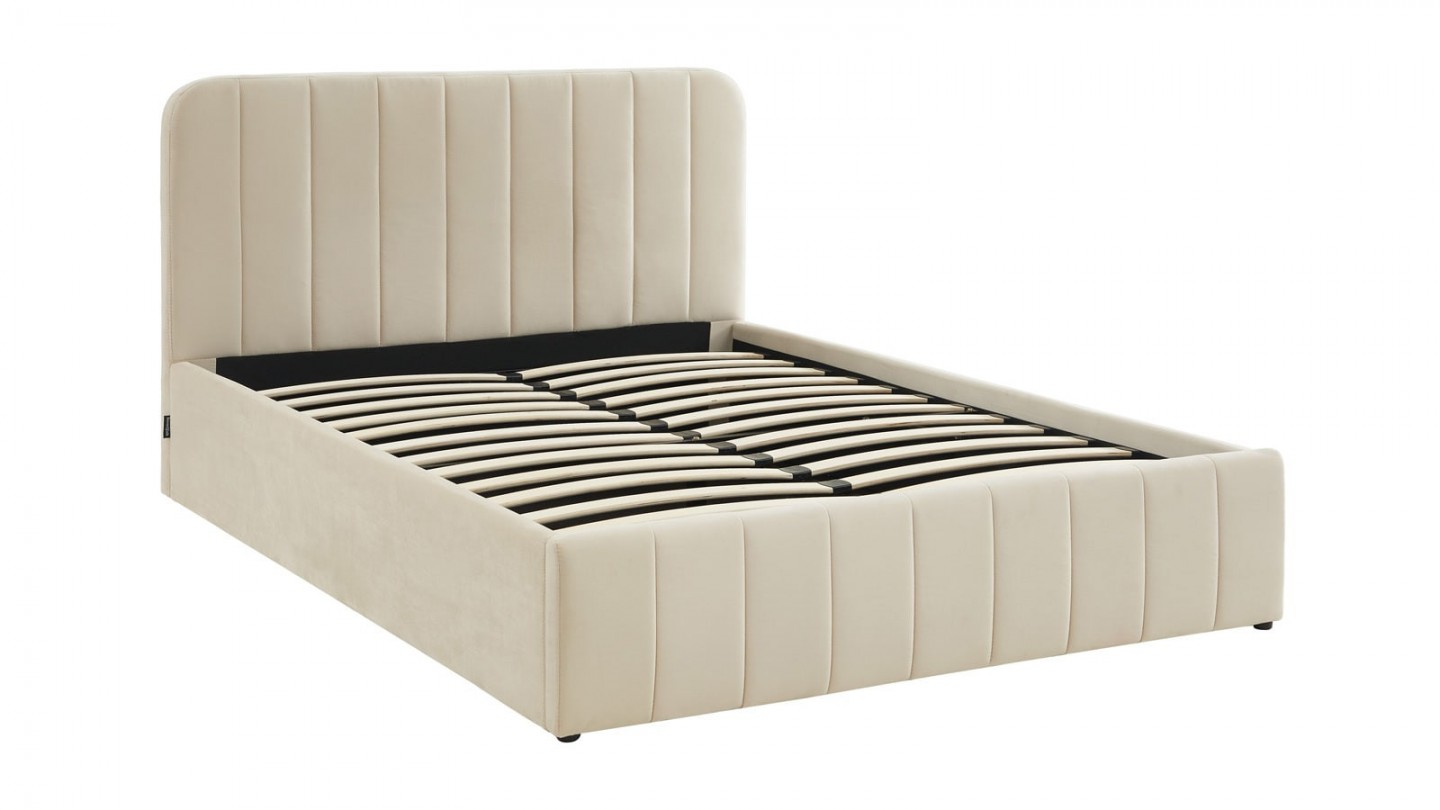 Ensemble lit coffre 140x190 en velours beige Ava + Matelas mousse gel à mémoire de forme, double confort - Dual Confort