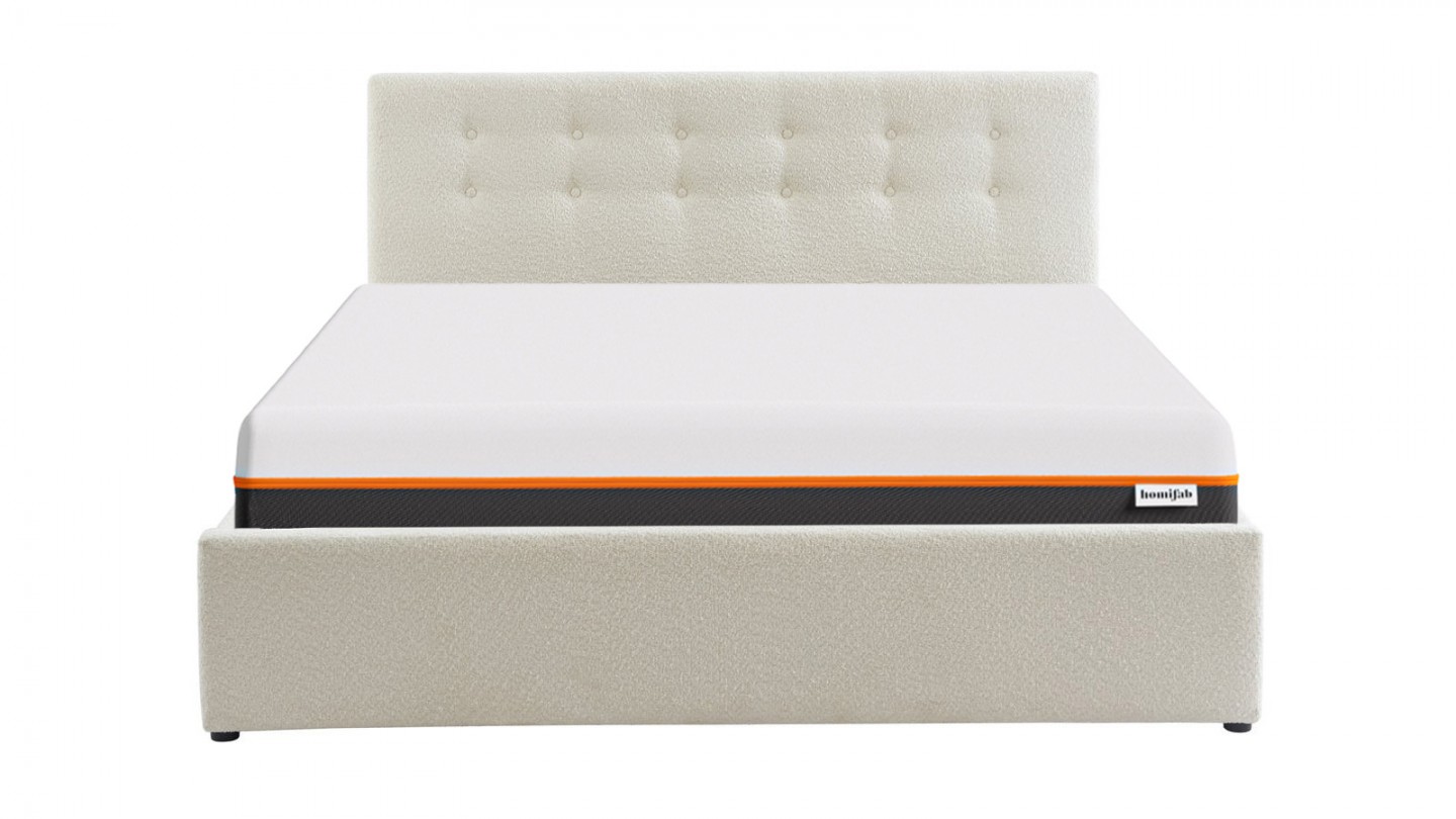 Ensemble lit coffre 140x190 en tissu bouclé écru Tina + Matelas mousse gel à mémoire de forme, double confort - Dual Confort