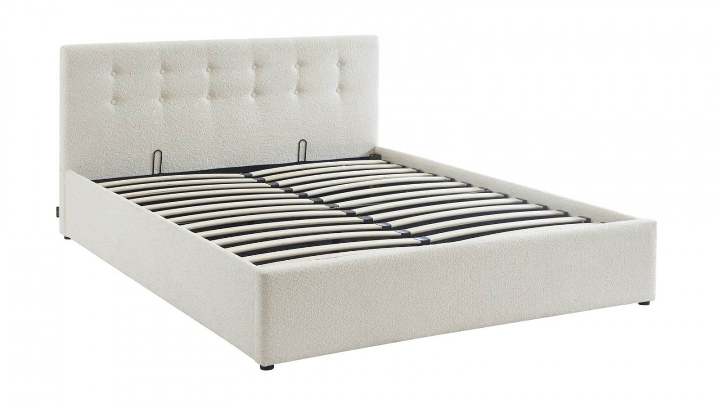 Ensemble lit coffre 140x190 en tissu bouclé écru Tina + Matelas mousse gel à mémoire de forme, double confort - Dual Confort