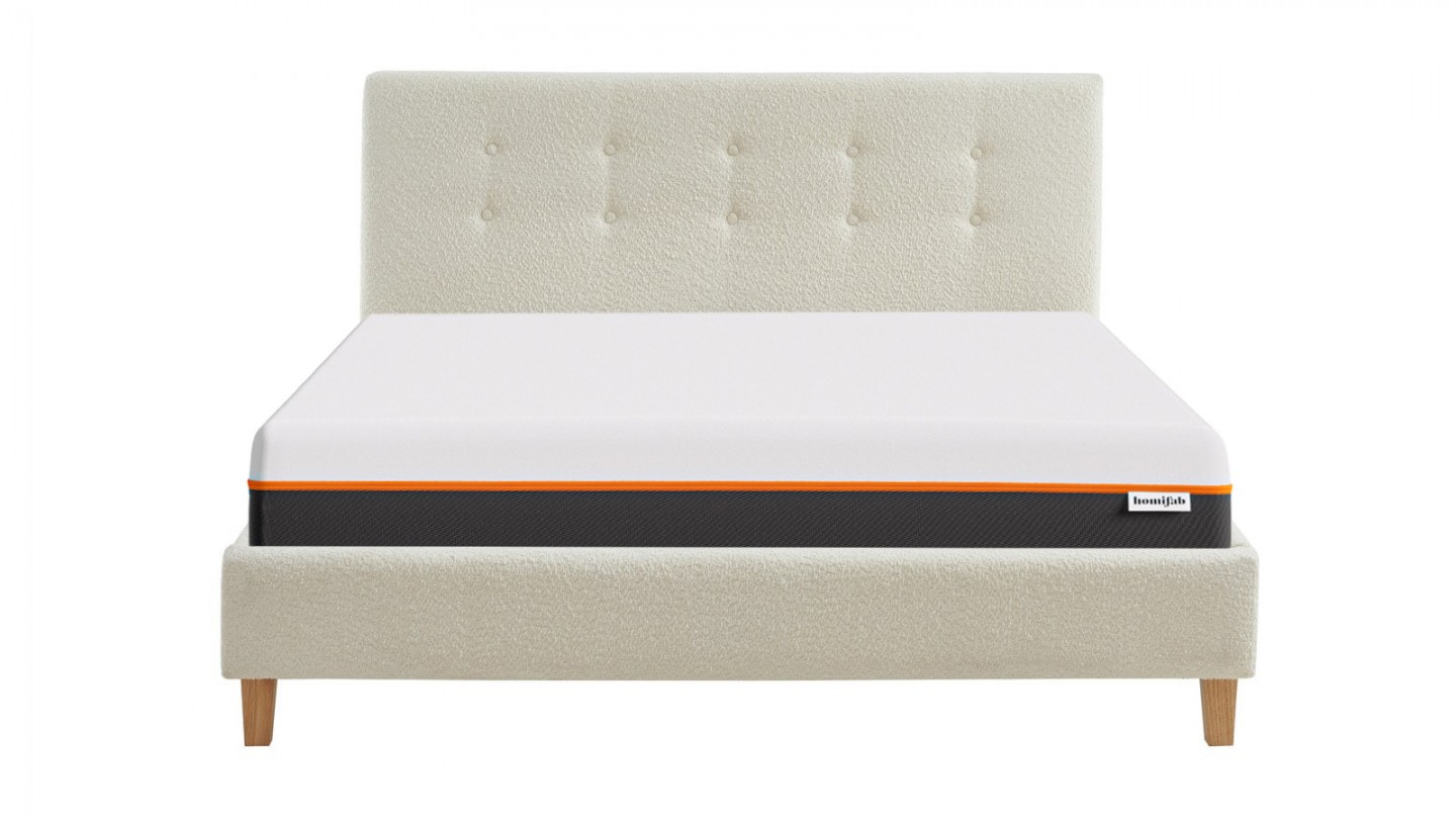 Ensemble lit 140x190 en tissu bouclé écru Milo + Matelas mousse gel à mémoire de forme, double confort - Dual Confort