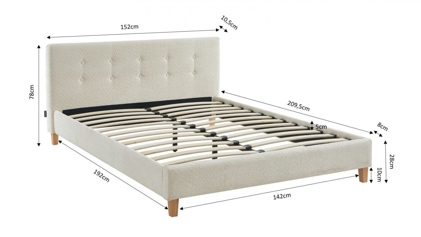 Ensemble lit 140x190 en tissu bouclé écru Milo + Matelas mousse gel à mémoire de forme, double confort - Dual Confort