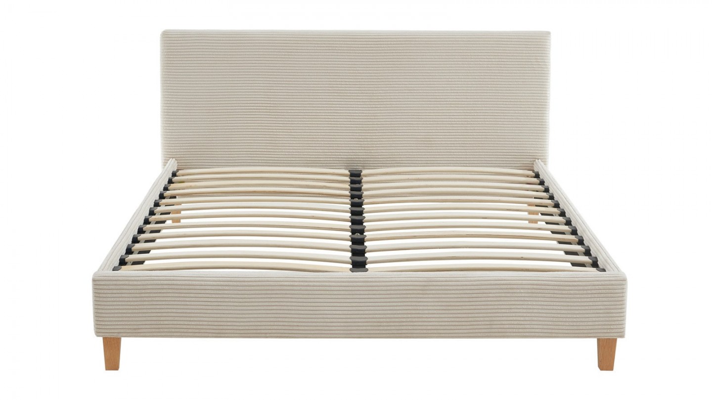 Ensemble lit 160x200 en velours côtelé beige Milo + Matelas mousse gel à mémoire de forme, double confort - Dual Confort