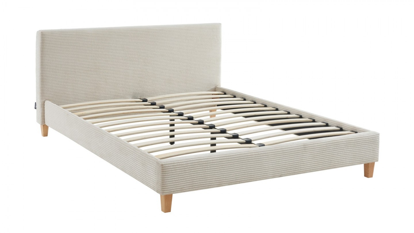 Ensemble lit 160x200 en velours côtelé beige Milo + Matelas mousse gel à mémoire de forme, double confort - Dual Confort