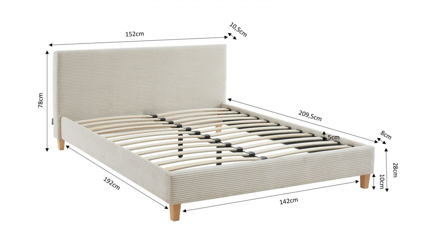 Ensemble lit 160x200 en velours côtelé beige Milo + Matelas mousse gel à mémoire de forme, double confort - Dual Confort