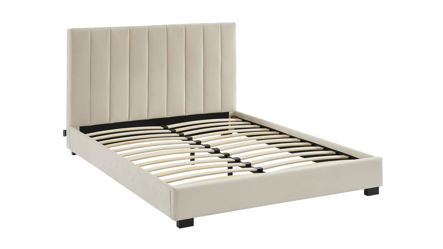 Ensemble lit 160x200 en velours beige William + Matelas mousse gel à mémoire de forme, double confort - Dual Confort