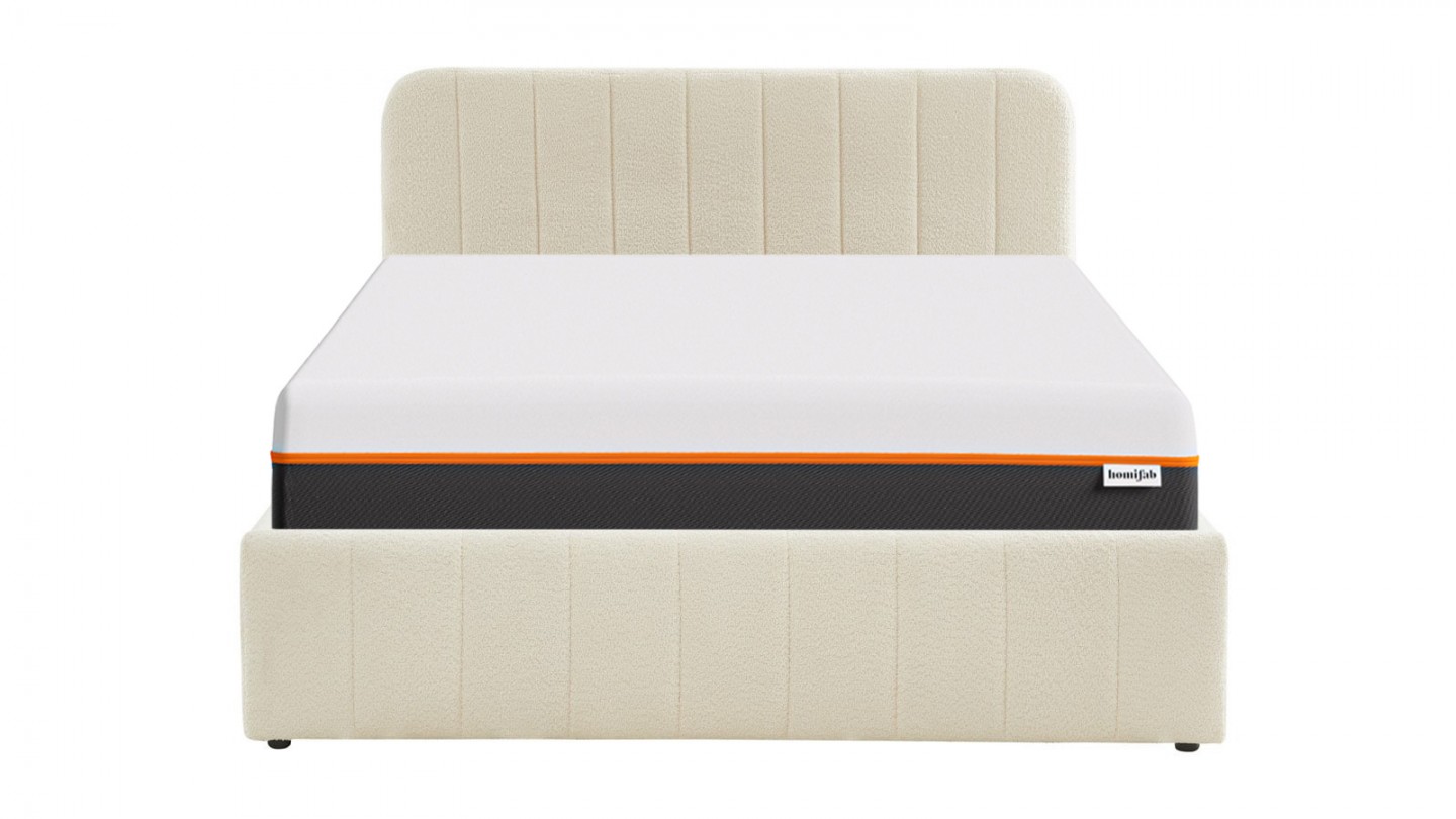 Ensemble lit coffre 160x200 en tissu bouclé écru Ava + Matelas mousse gel à mémoire de forme, double confort - Dual Confort