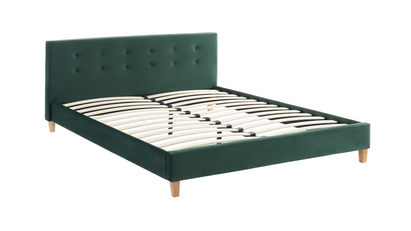 Ensemble lit 160x200 en velours vert bouteille Milo + Matelas mousse gel à mémoire de forme, double confort - Dual Confort