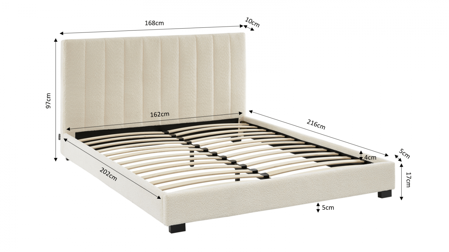 Ensemble lit 140x190 en tissu bouclé écru - William + Matelas mousse gel à mémoire de forme, double confort - Dual Confort