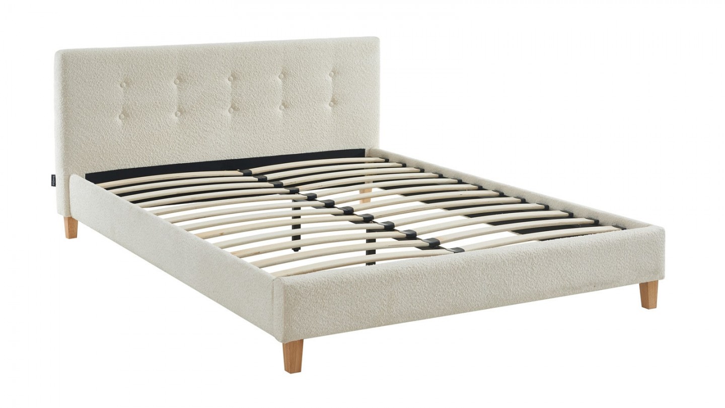 Ensemble lit 160x200 en tissu bouclé écru Milo + Matelas mousse gel à mémoire de forme, double confort - Dual Confort