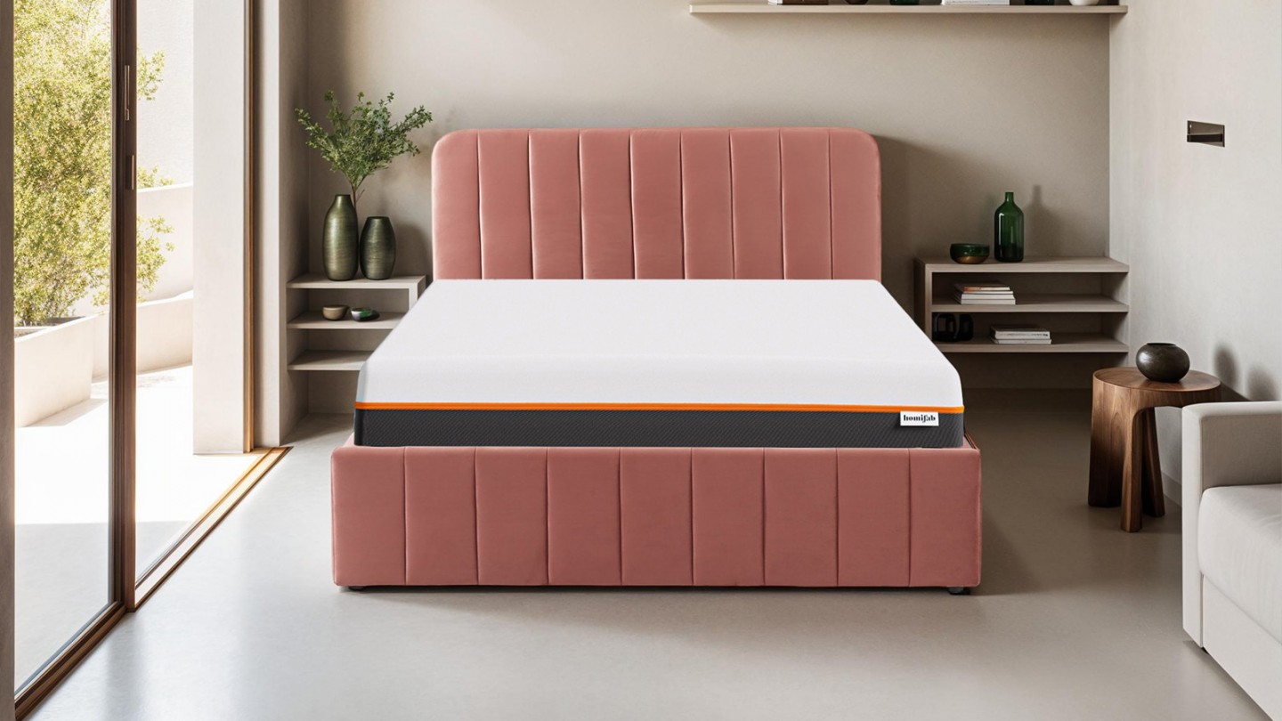 Ensemble lit coffre 160x200 en velours rose blush Ava + Matelas mousse gel à mémoire de forme, double confort - Dual Confort