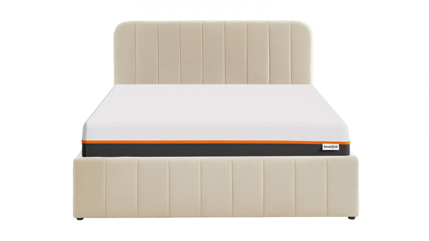 Ensemble lit coffre 160x200 en velours beige Ava + Matelas mousse gel à mémoire de forme, double confort - Dual Confort