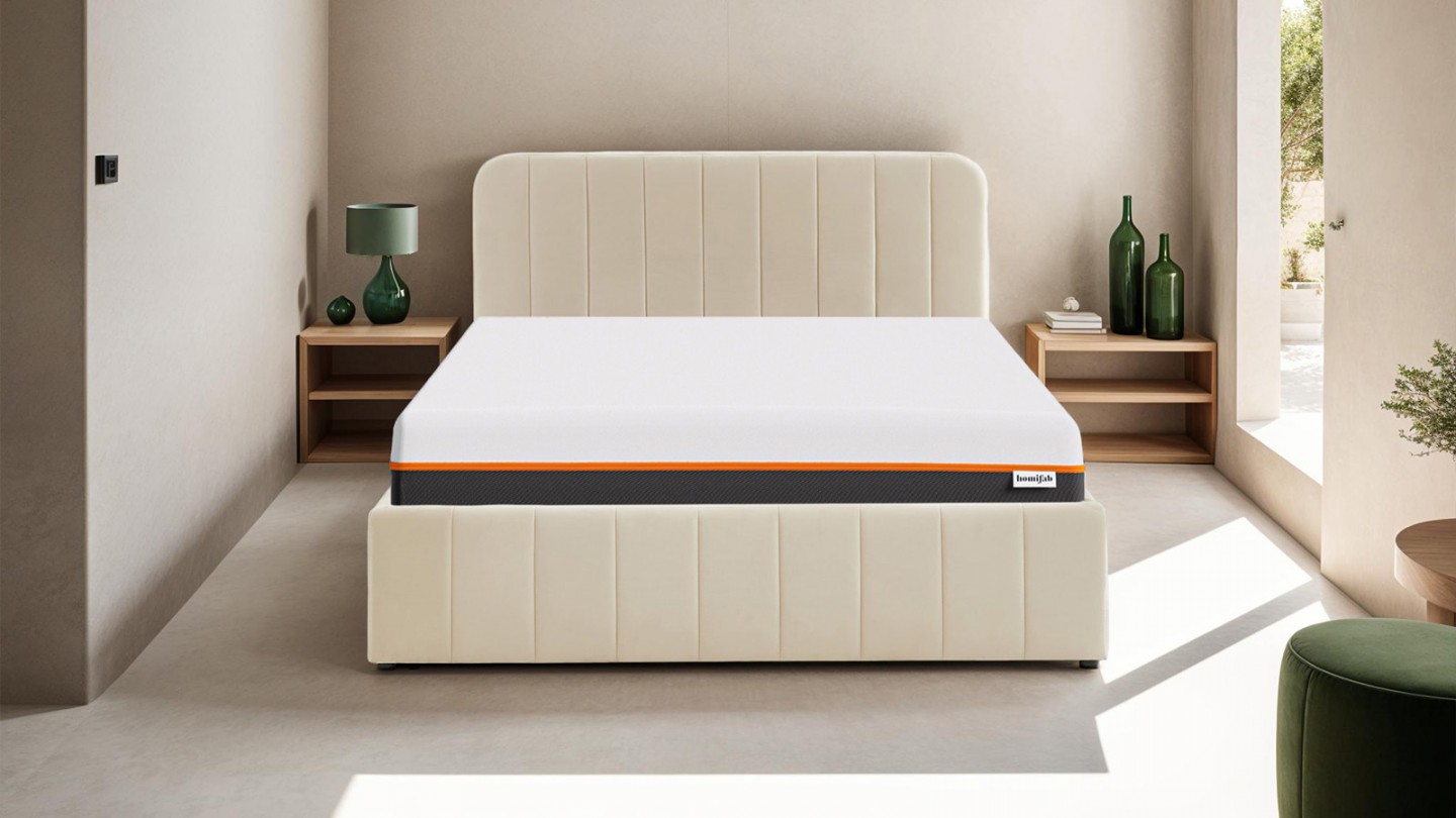 Ensemble lit coffre 160x200 en velours beige Ava + Matelas mousse gel à mémoire de forme, double confort - Dual Confort