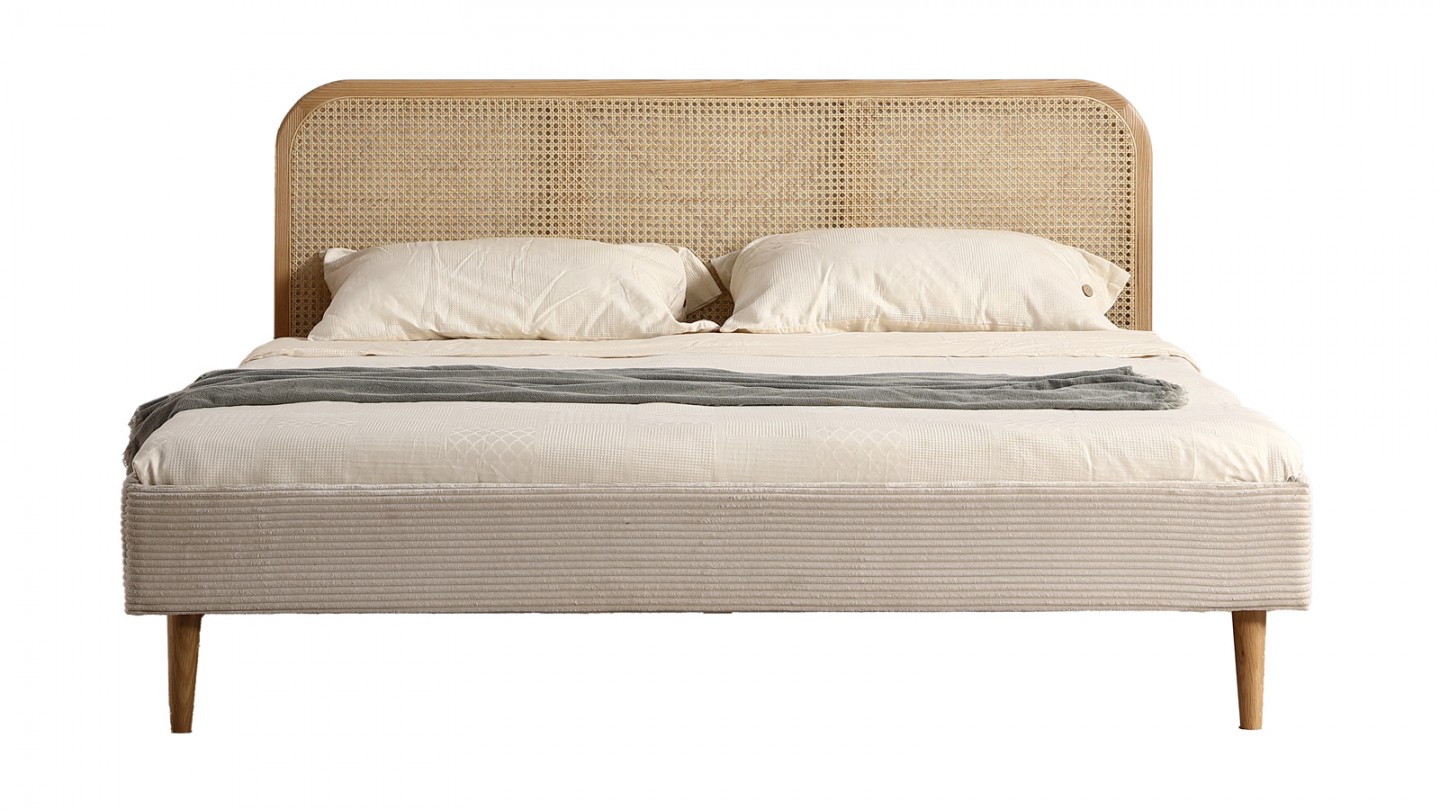 Lit adulte 160x200 cm en velours côtelé beige avec tête de lit en cannage - Dalia