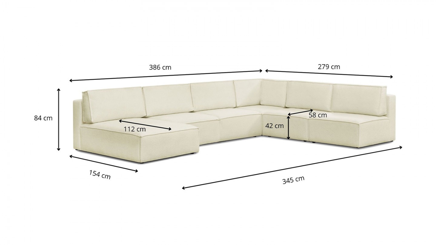 Canapé d'angle à gauche panoramique modulable convertible 9/10 places en tissu bouclé écru - Harper Mod