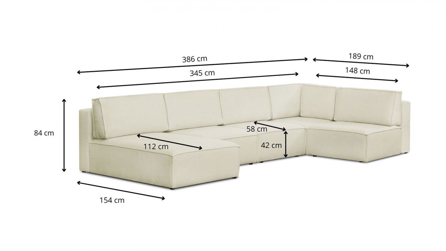 Canapé d'angle à gauche panoramique modulable 7/8 places en tissu bouclé écru - Harper Mod