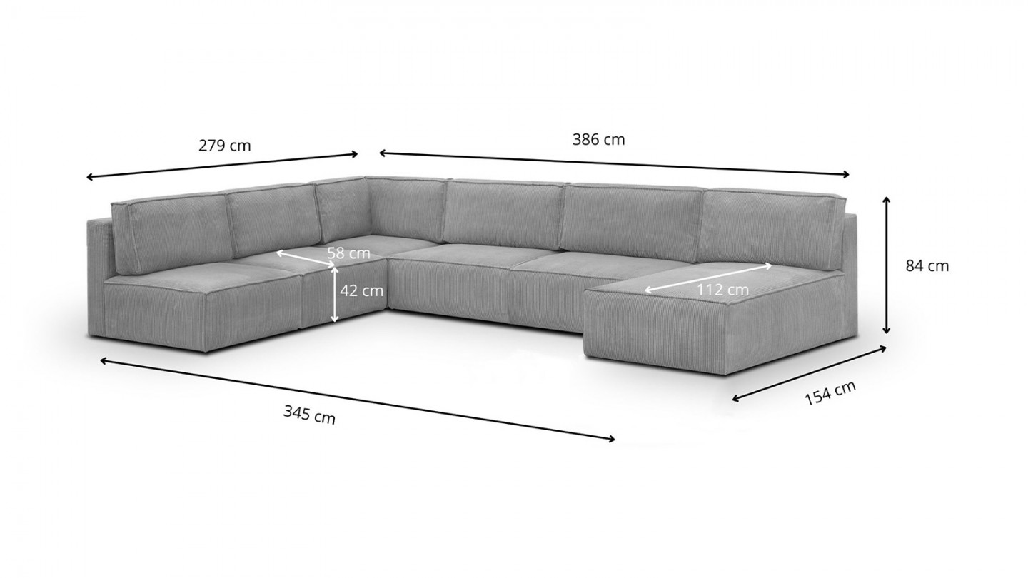 Canapé d'angle à droite panoramique modulable convertible 9/10 places en velours côtelé gris clair - Harper Mod