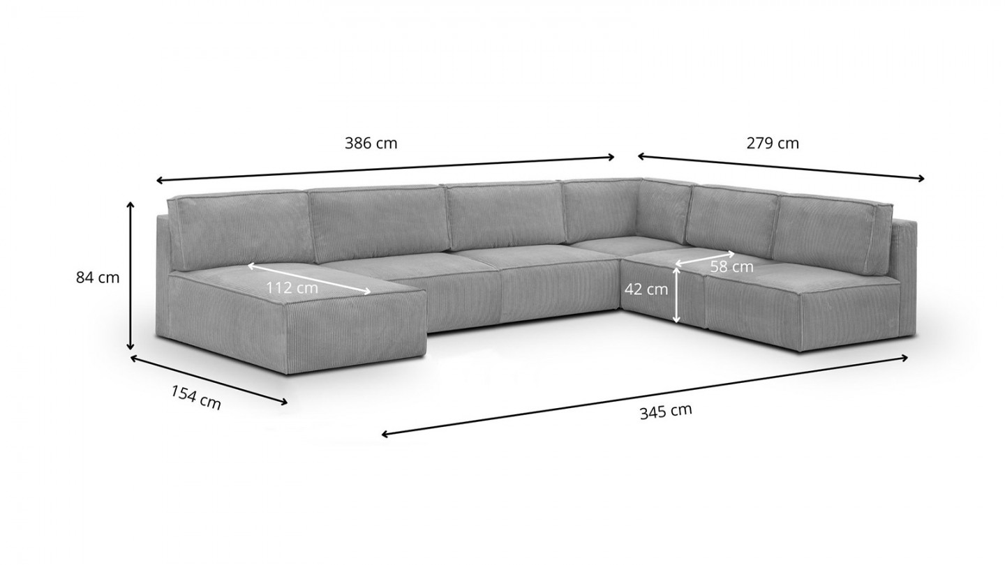 Canapé d'angle à gauche panoramique modulable convertible 9/10 places en velours côtelé gris clair - Harper Mod