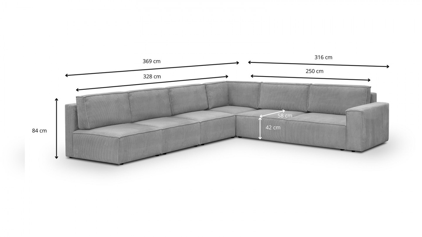 Canapé d'angle à droite modulable convertible 10 places en velours côtelé gris clair - Harper Mod