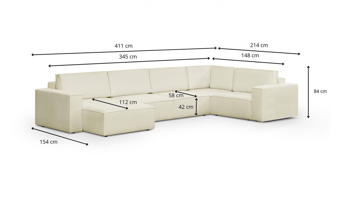 Canapé d'angle à droite panoramique convertible modulable 8 places en tissu bouclé écru - Harper Mod