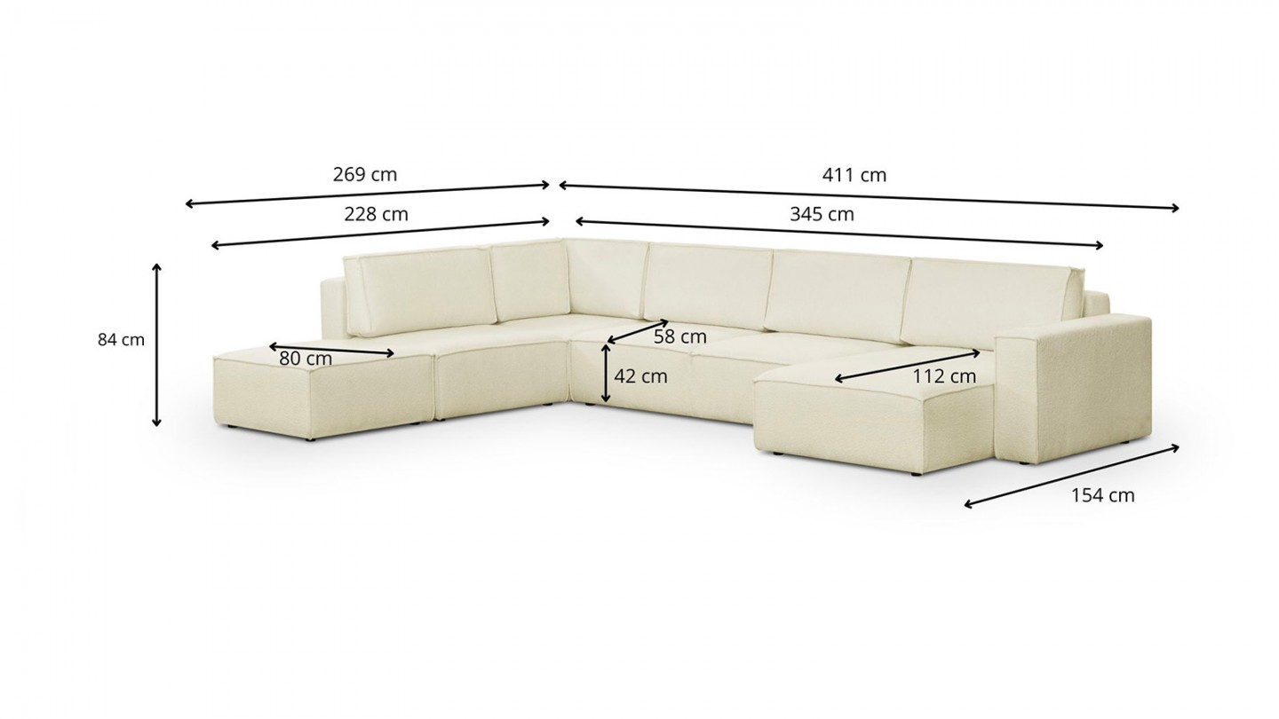 Canapé d'angle à gauche panoramique convertible modulable 8 places avec pouf en tissu bouclé écru - Harper Mod