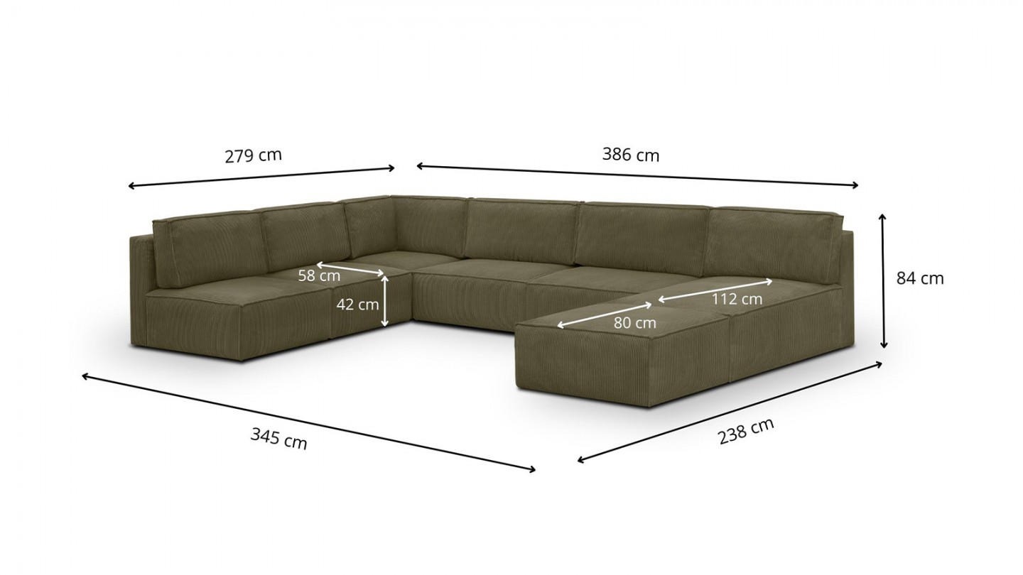 Canapé d'angle à gauche panoramique modulable convertible 10 places avec pouf en velours côtelé vert kaki - Harper Mod