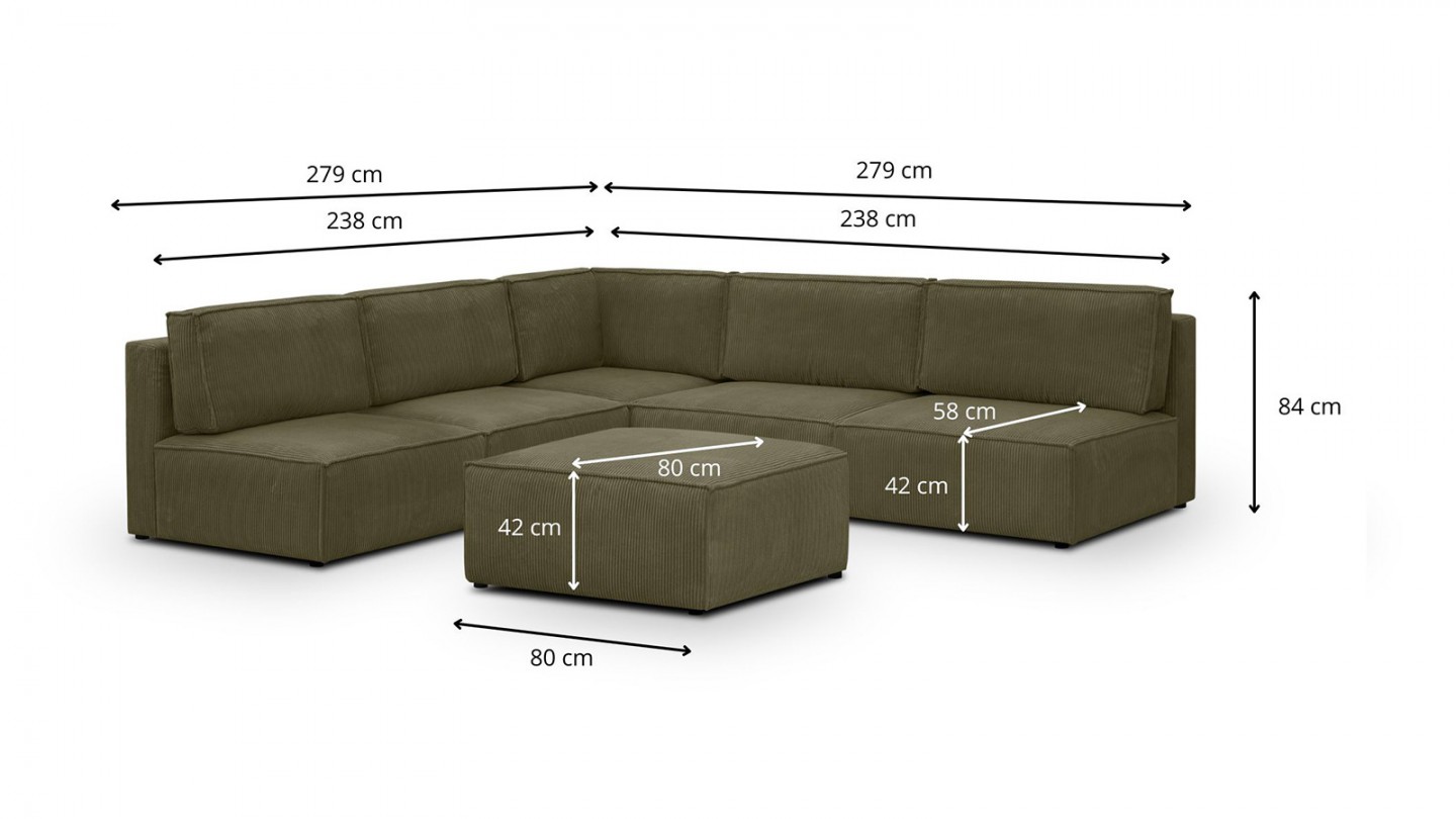 Canapé d'angle à gauche modulable 8 places avec pouf en velours côtelé vert kaki - Harper Mod