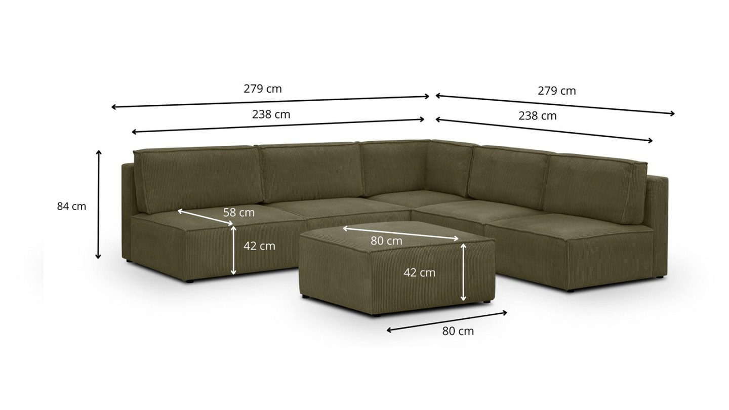 Canapé d'angle à droite modulable 8 places avec pouf en velours côtelé vert kaki - Harper Mod