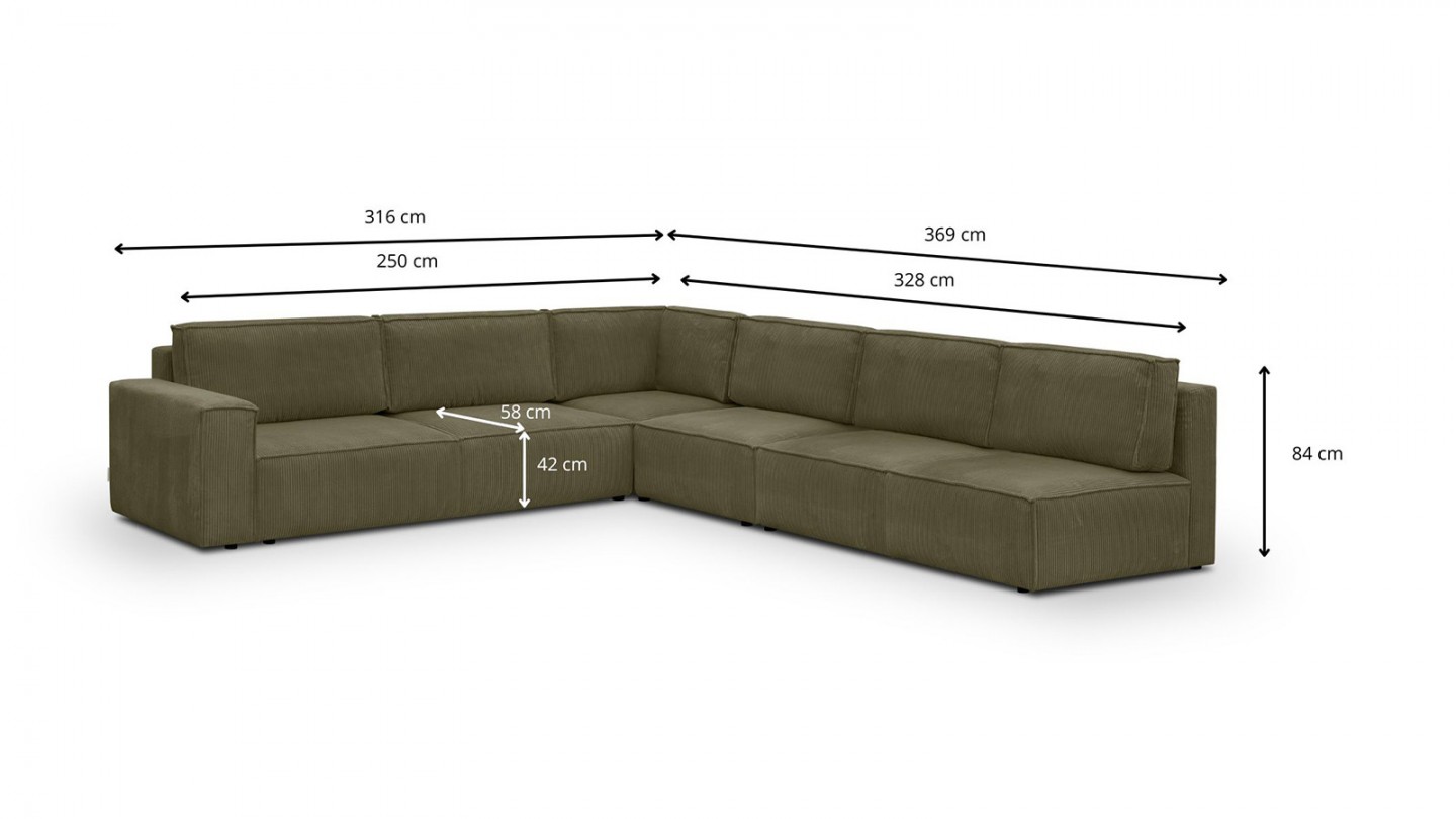 Canapé d'angle à gauche convertible modulable 10 places avec coffre de rangement en velours côtelé vert kaki - Harper Mod