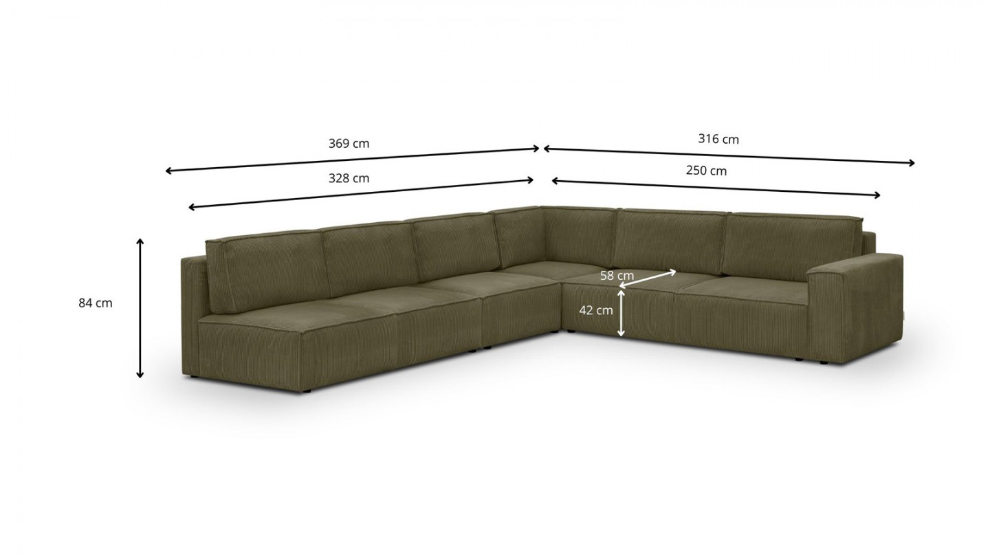 Canapé d'angle à droite convertible modulable 10 places avec coffre de rangement en velours côtelé vert kaki - Harper Mod