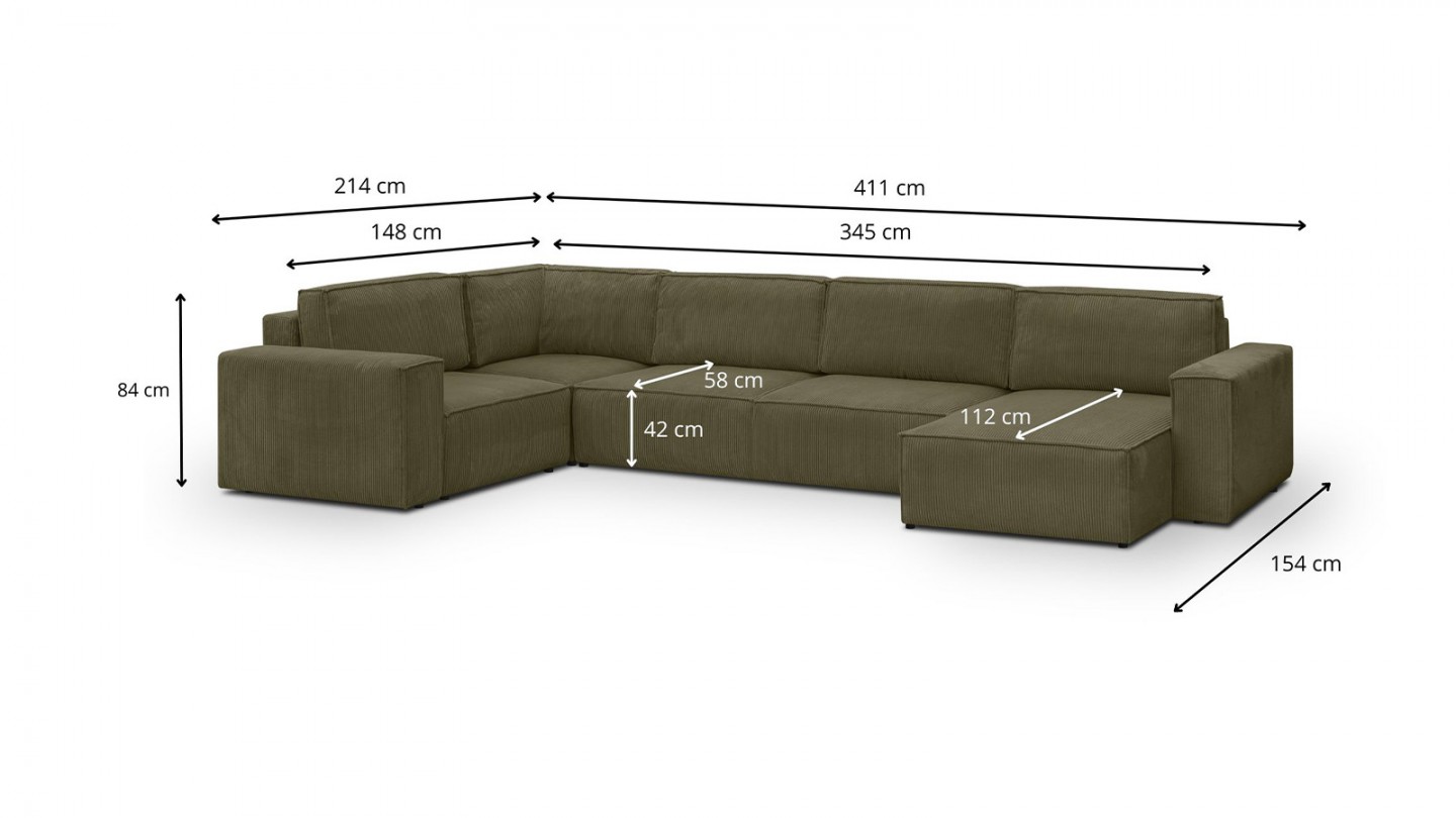Canapé d'angle à gauche panoramique convertible modulable 8 places en velours côtelé vert kaki - Harper Mod