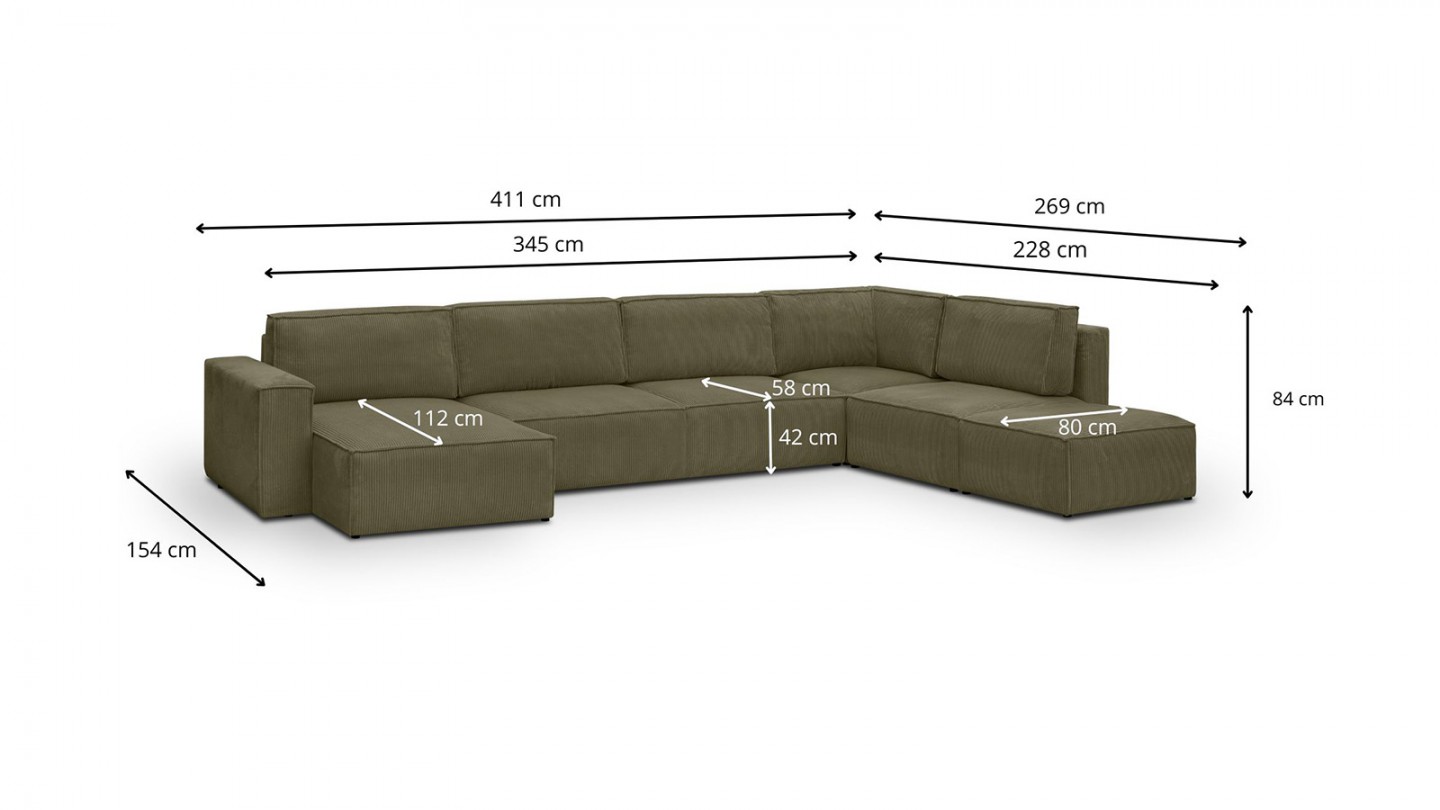 Canapé d'angle à droite panoramique convertible modulable 8 places avec pouf en velours côtelé vert kaki - Harper Mod