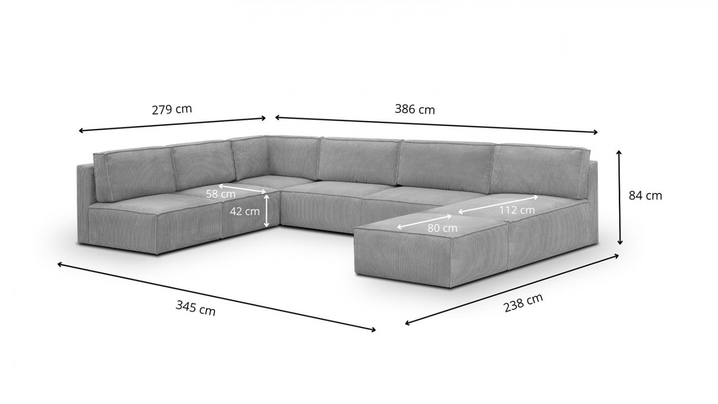 Canapé d'angle à gauche panoramique modulable convertible 10 places avec pouf en velours côtelé gris clair - Harper Mod