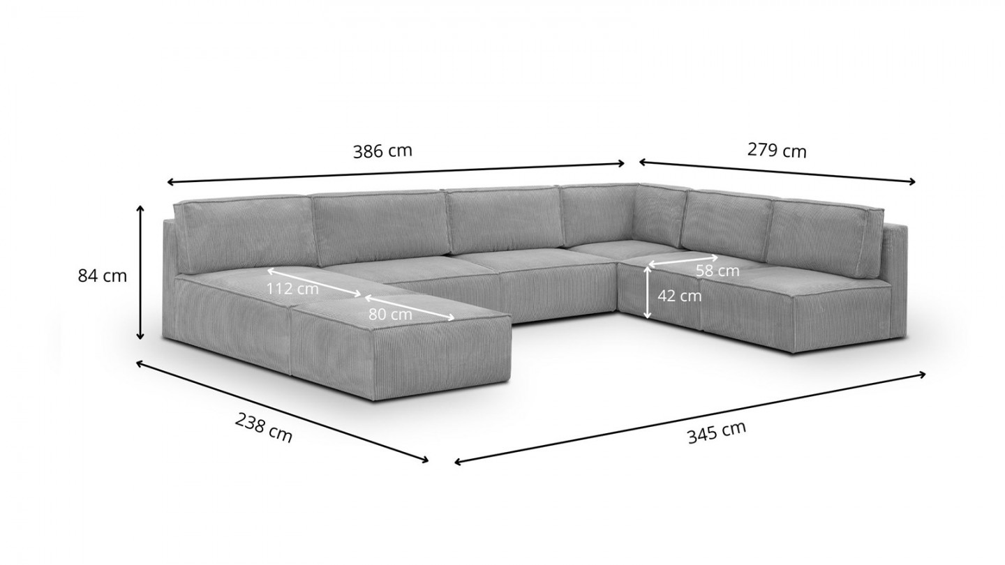 Canapé d'angle à droite panoramique modulable convertible 10 places avec pouf en velours côtelé gris clair - Harper Mod