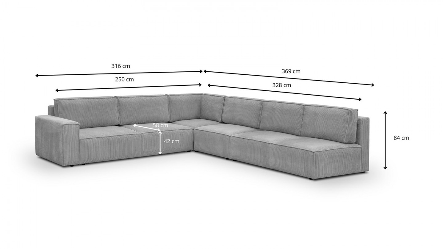 Canapé d'angle à gauche convertible modulable 10 places avec coffre de rangement en velours côtelé gris clair - Harper Mod