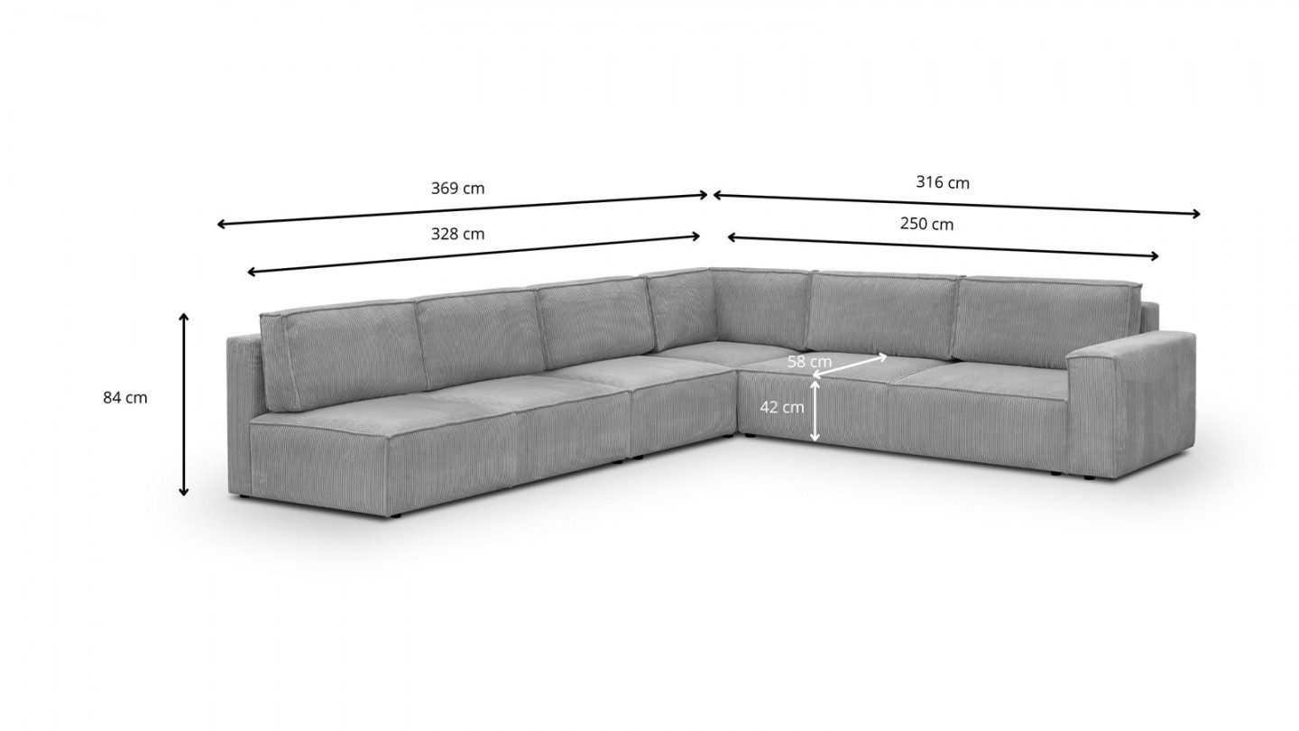 Canapé d'angle à droite convertible modulable 10 places avec coffre de rangement en velours côtelé gris clair - Harper Mod