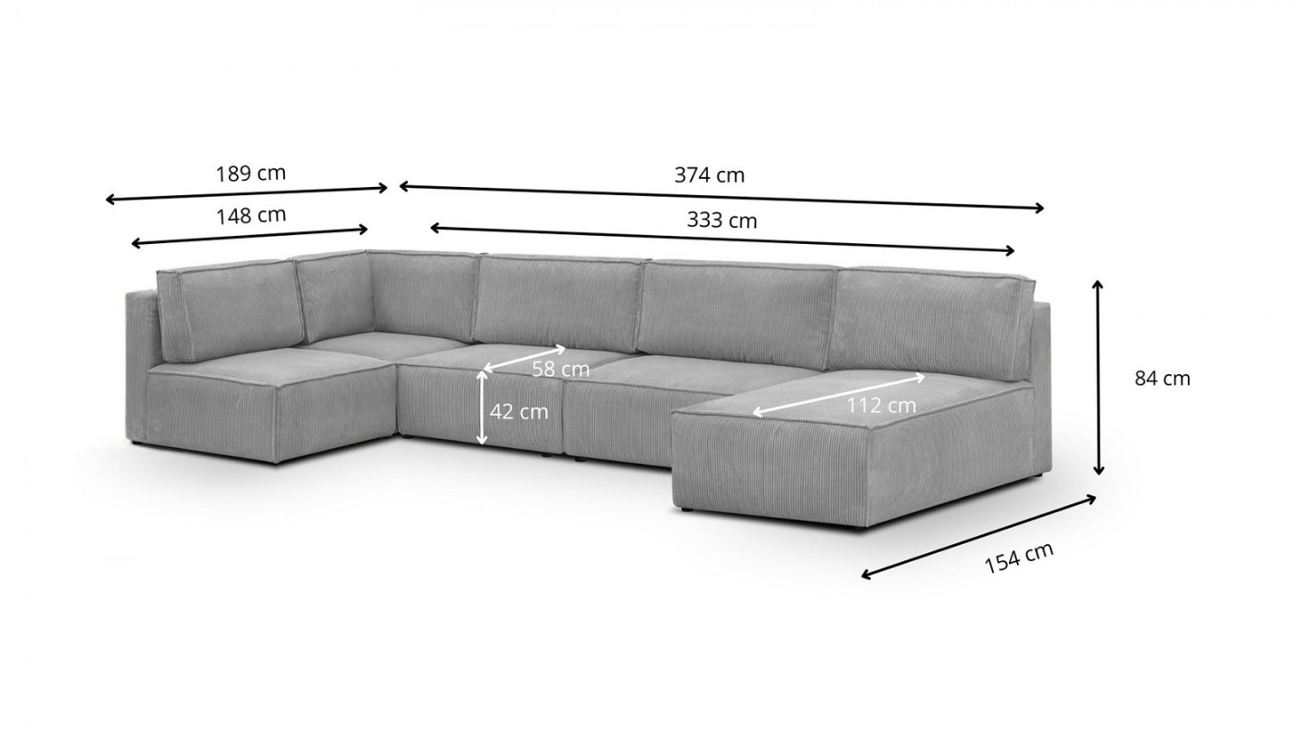 Canapé d'angle à gauche panoramique convertible modulable 8 places avec 2 poufs en velours côtelé gris clair - Harper Mod